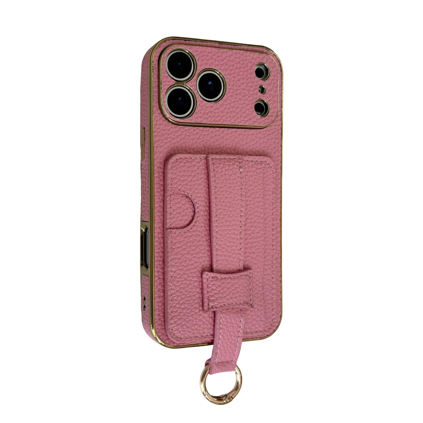 

Lychee Grain Perforated Sticker Skin for iPhone 17 Pro Max Case with Card Slot & Wrist Strap 15 розовый