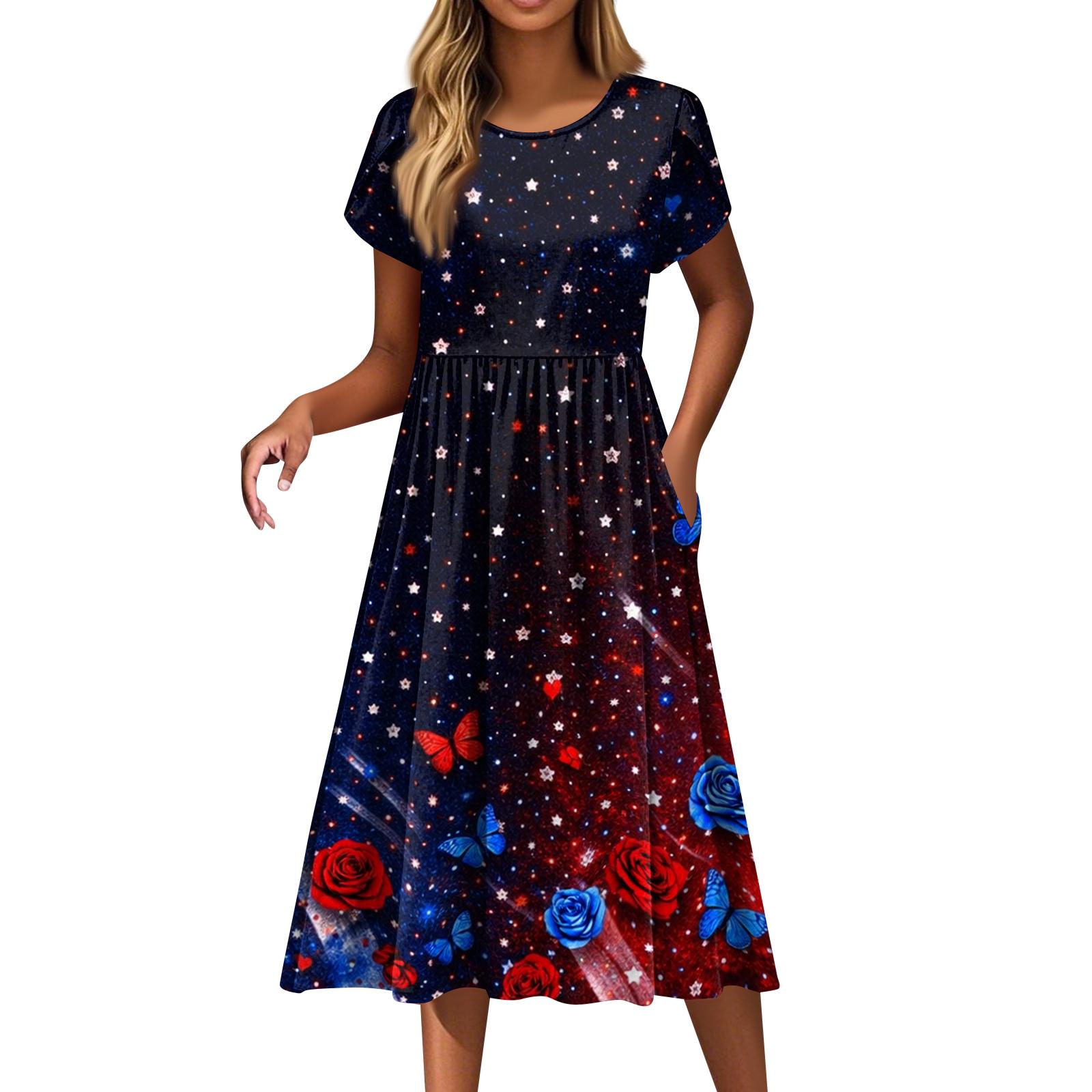 

Women s Fashion Casual Loose Independence Day Printed Round Neck Pocket Short Sleeve Dress L чёрный