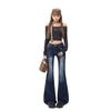 Autumn new elastic crease design jeans women's American low-rise slim-fitting and thin floor-mopping versatile horn trousers