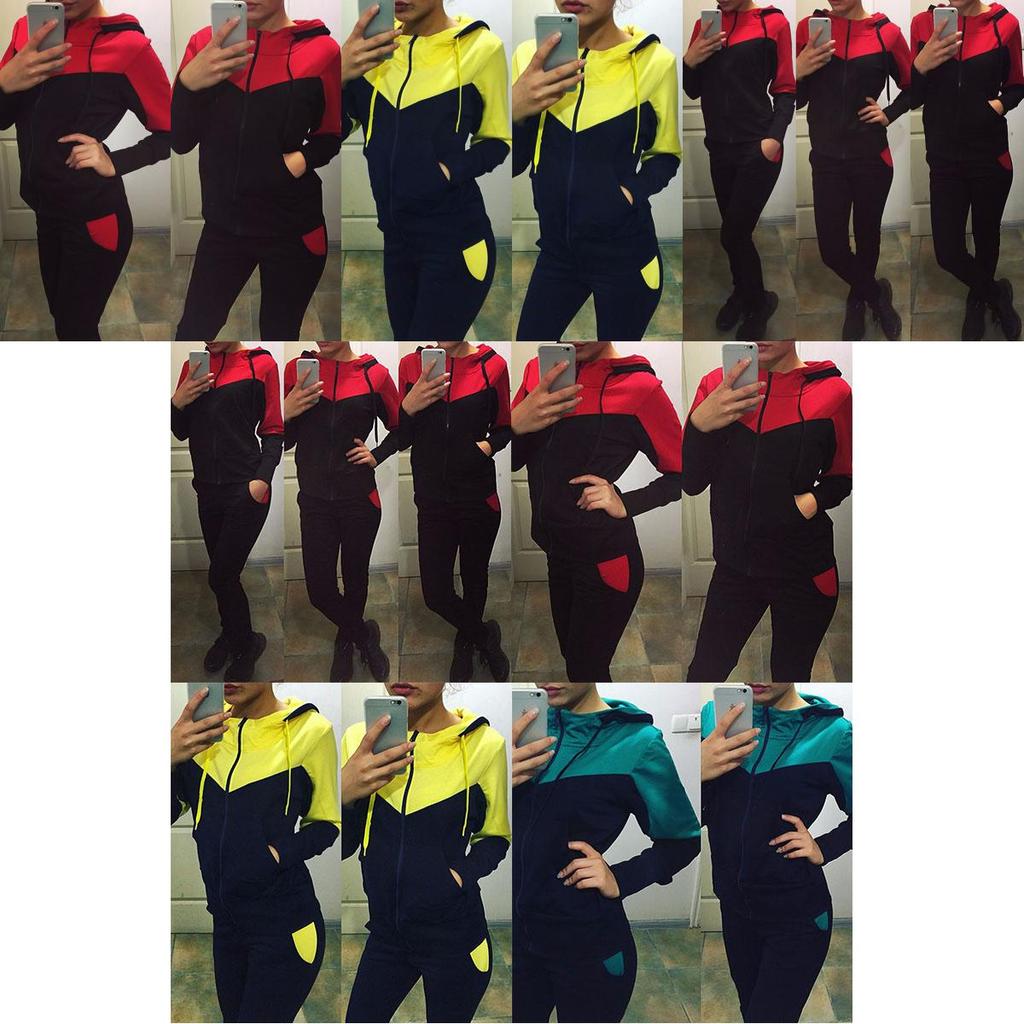 Tuta sportiva da donna gialla brillante e rossa in poliestere con felpa con cappuccio e pantaloni, set casual per lo sport