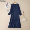 VONDA Women Round Neck Long Sleeve Casual Loose Ruffled Maxi Long Dress