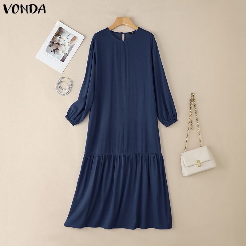 VONDA Women Round Neck Long Sleeve Casual Loose Ruffled Maxi Long Dress