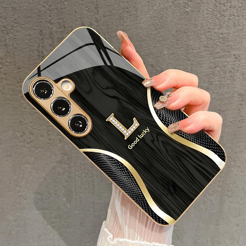 Gold L-Shape Pattern 2D Phone Case for Samsung S26 S25 S24 S23 S22 S21 S20 A56 A36 A16 - Golden Glass Protective Cover