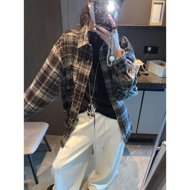 Mochie Vintage American Retro Plaid Lapel Shirt - Loose, Versatile Long Sleeve (MQ0972) One Size кофейный