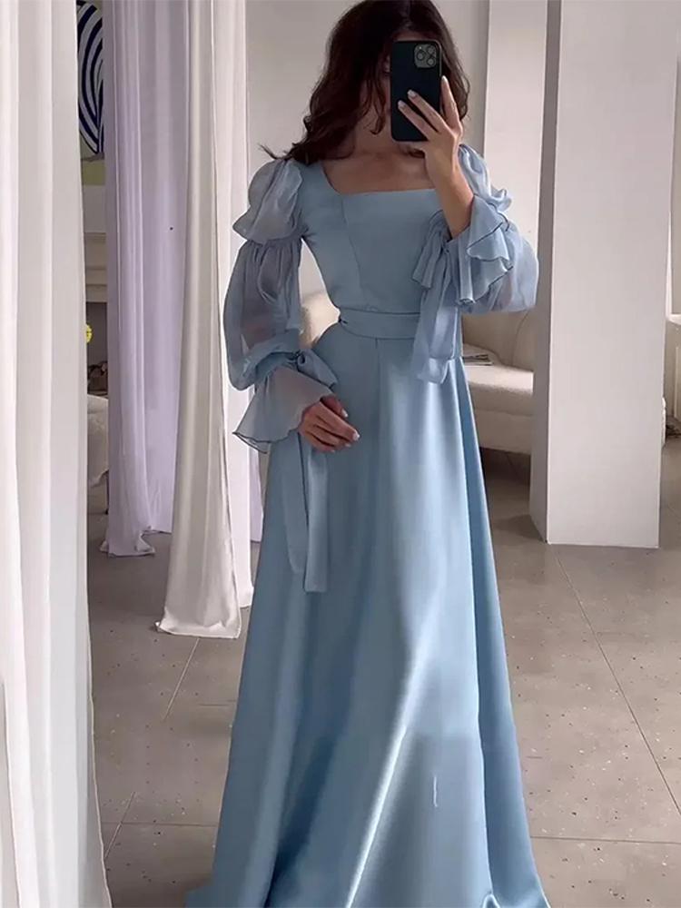 Elegante dame Street Wear Vrouwen Chiffon Satijnen Avondjurk Effen Kleur Vierkante Kraag Riem Flare Mouw Geplooide Vrouwelijke Jurken