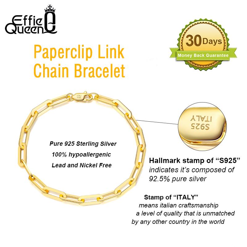 EFFIE QUEEN Dainty 925 Sterling Silver Paper Clip Bracelet Chain Wedding Gift Paper Clip Bracelet 18K Gold Plated Jewelry SB109