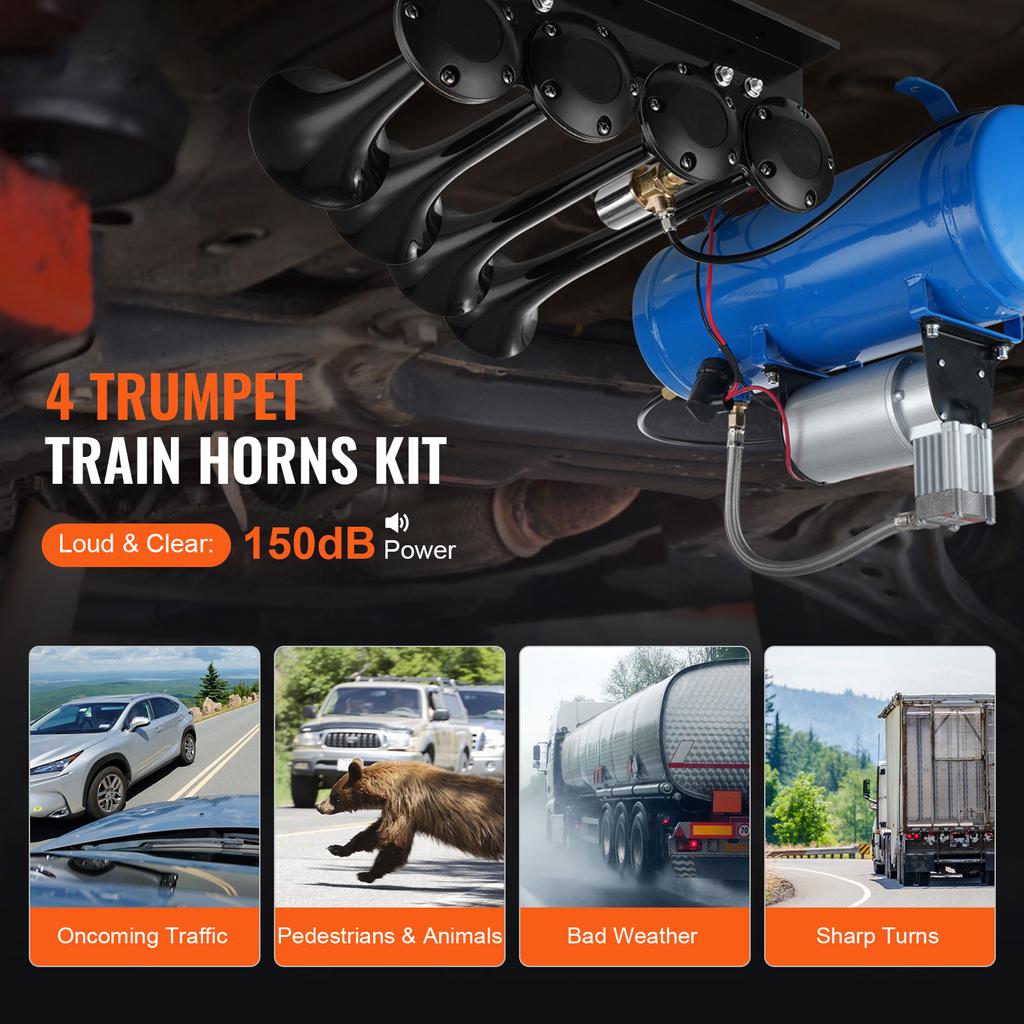 SucceBuy Train Horns Kit 4 Trumpet Air Horn Kit 150dB Train Horns 12V Air Compressor with 3/6/10L Tank, for Pickup Trucks Train