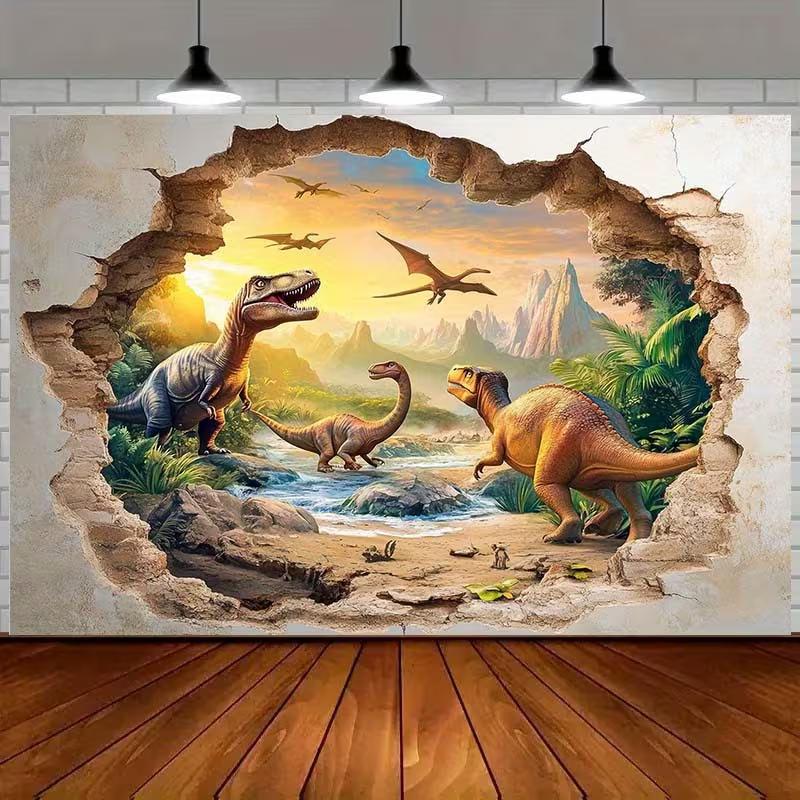 2D Visual Effect Dinosaur World Tapestry Broken Wall Jurassic Scene Wall Hanging for Children's Room
