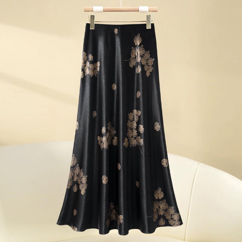 

Женская атласная юбка миди А-силуэта с принтом - Лето 2025 Высококлассный темперамент 29/XL for 115-125 jin чёрный/золотой