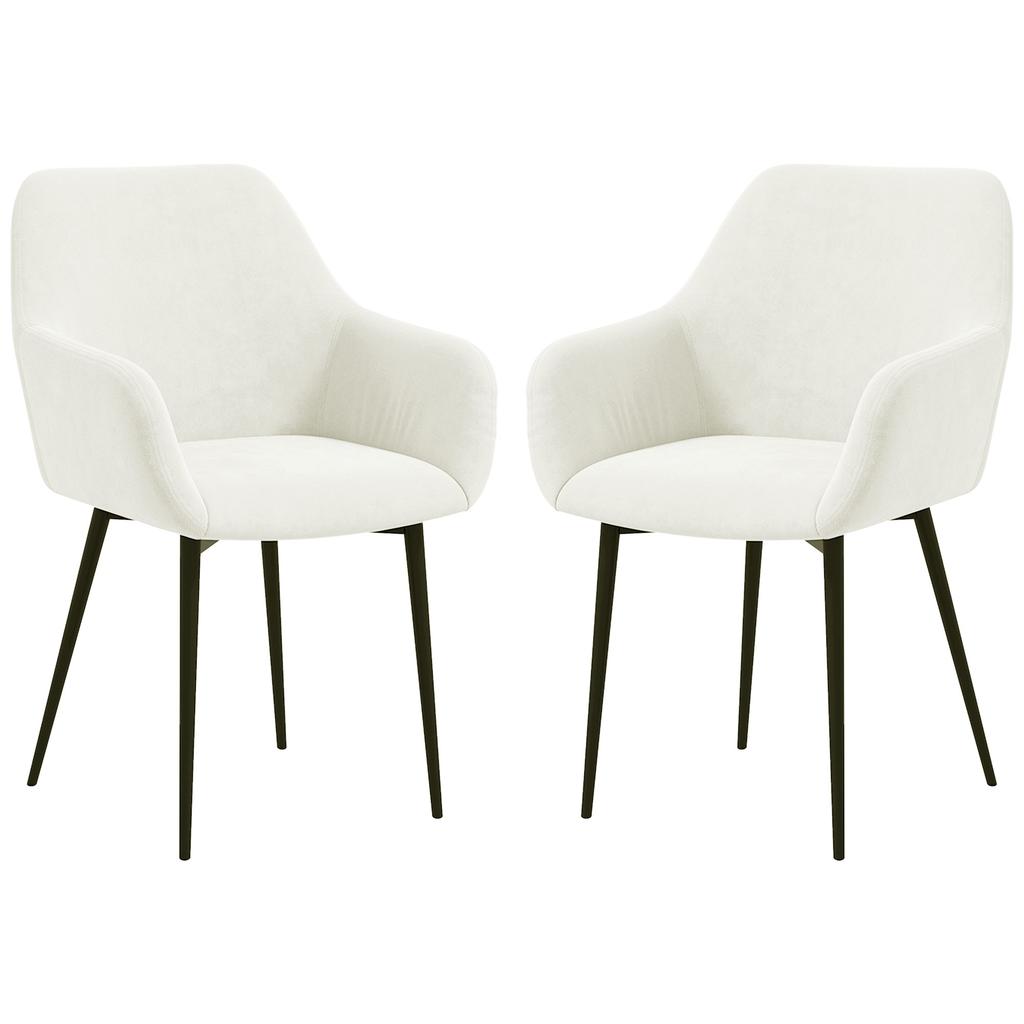 Set of 2 Nordic Dining Chairs Padded with Curved Armrests in Velvet-Effect Fabric, 54x57x80 cm, Cream
