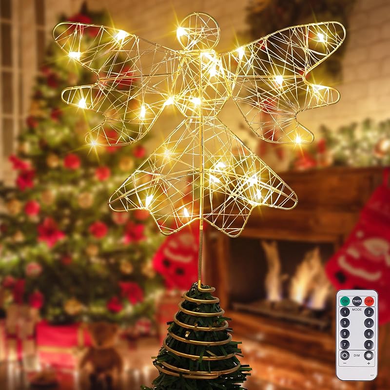 Gold Christmas Tree Topper Star with 20 Warm White LED Lights, Remote Control Star Tree Topper for Christmas Tree Decorations and Xmas Holiday Gold Angel Star 20 Led