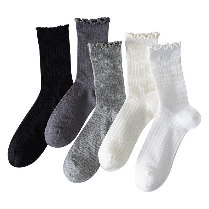 5 par sommer tynne dame sokker med treørekant, midt på leggen, pustende mesh, nuppefrie bomullssokker, stablede Lolita-sokker