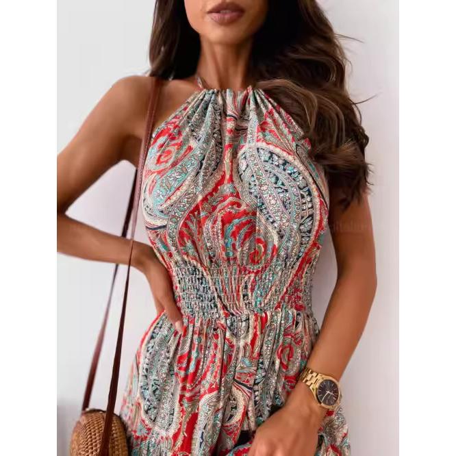 Summer Beach Dress Sexy Bohemian-style Printed Backless Suspender Long Dress for Women