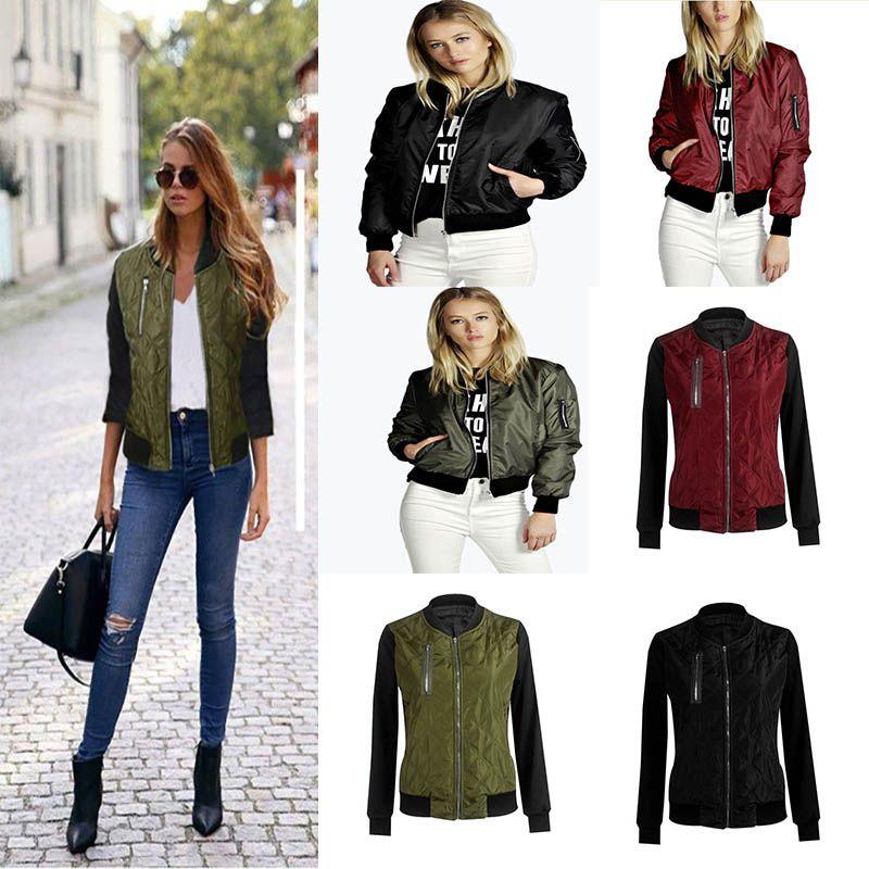 Stylish Womens Classic Padded Bomber Jacket Vintage Zip Biker Coat Long Sleeves