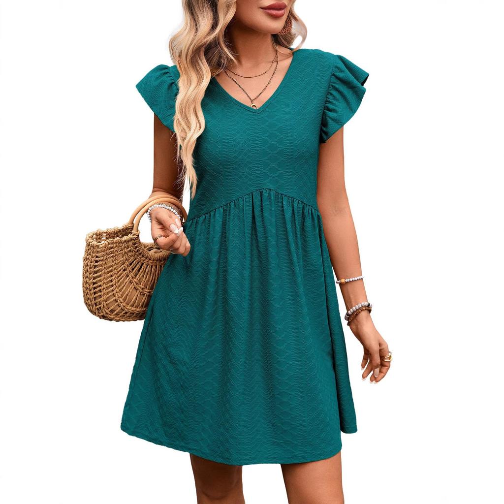 Summer New Style Women's V-neck Leaf-sleeve Slim-fit Short-sleeved Wide-sleeve Elegant Dress