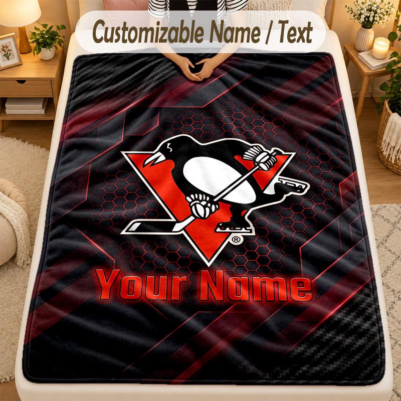 Flannel BlanketPittsburgh Penguins Custom Name Text Personalized Soft Warm Throw Blanket Home Decor Gift