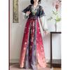 Chinese Tang Dynasty Beizi Hanfu Set, Printed Cardigan Ethnic Style One-Piece Waist Skirt Daily Wear