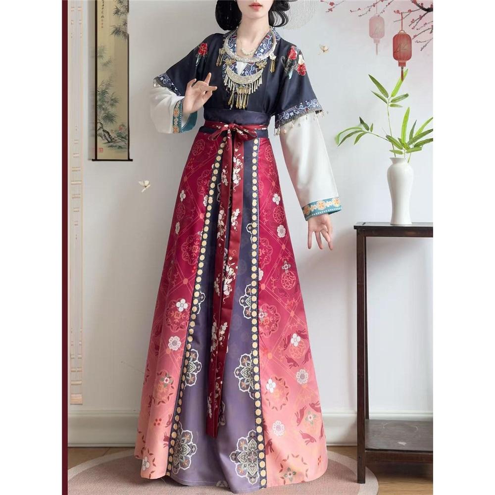 Chinese Tang Dynasty Beizi Hanfu Set, Printed Cardigan Ethnic Style One-Piece Waist Skirt Daily Wear