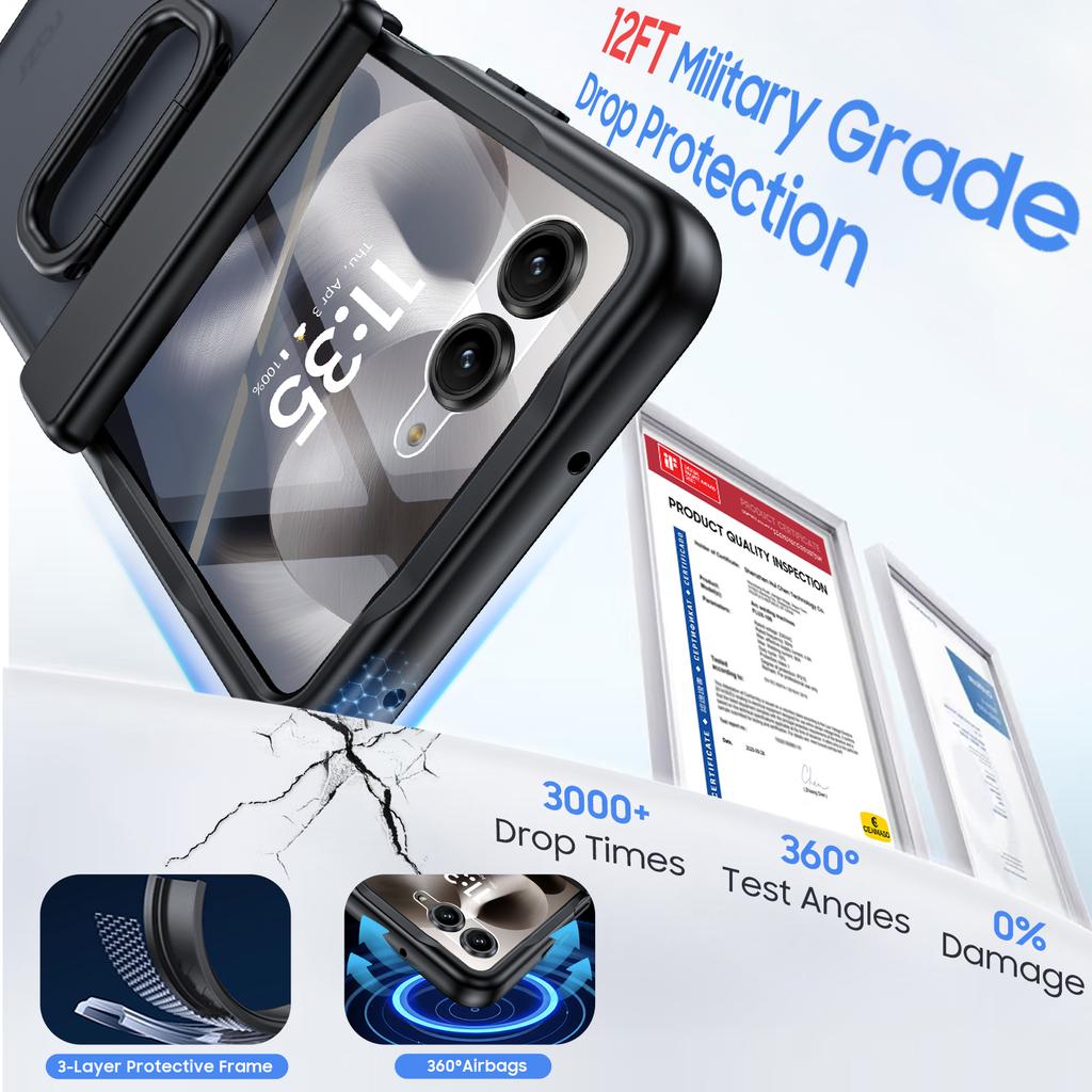 For Motorola Razr Ultra 2025 / Razr Ultra 2026 with Built-in Screen Protector,Ring Holder Hinge Protection Rugged Case Translucent Matte Cover-Black