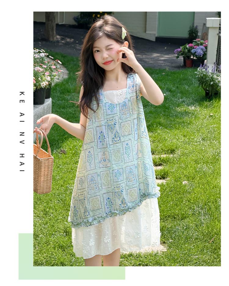 Children's Summer Dress with Floral Vest and Lace Patchwork