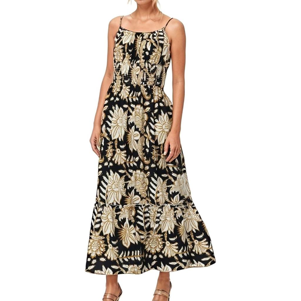 Floral Boho Dress For Women Ruffle Hem Sleeveless Maxi Dress Spaghetti Strap Smocked Beach Long Dresses