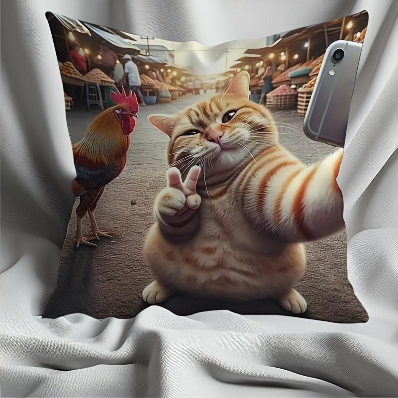 1 Fun Cat and Cock Selfie Pillow Cover - Bright Orange Tabby Cat and Chicken, Cute Pillow Cover 40x40cm/16x16inch