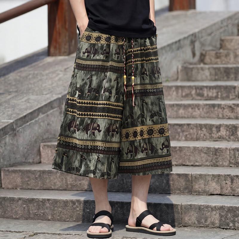 Men's Thai Elephant Print Plus Size Capri Beach Pants