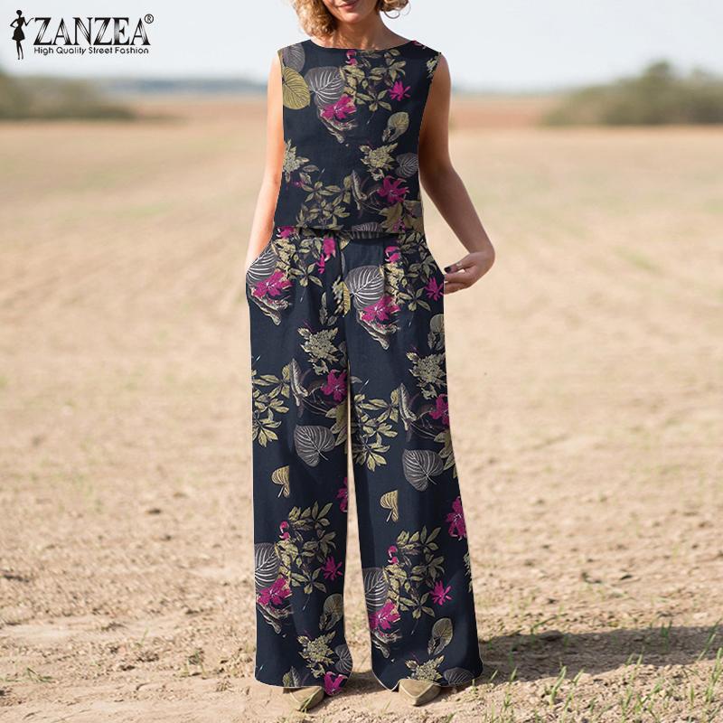 

ZANZEA Женщины Повседневный цветочный принт Наряды Танк Топы и брюки Лето Без рукавов Две части Костюм Комплект