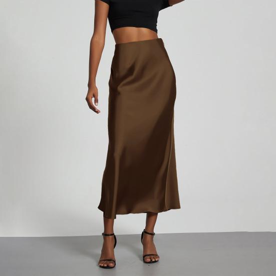 Women Midi Skirt Mid-rise A-Line Solid Color Fishtail Skirt Smooth Fabric Office