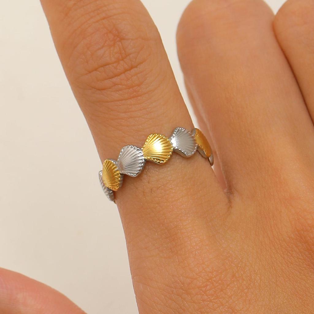 Stainless Steel Starfish & Seashell Open Ring - Ocean Holiday Style Jewelry for Women