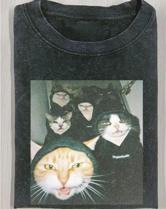 

Retro Washed Black Tshirt Loose Fit Unisex Retro Printed Short Sleeved Round Neck Shirt with Best Cat Dad Pattern Tops S