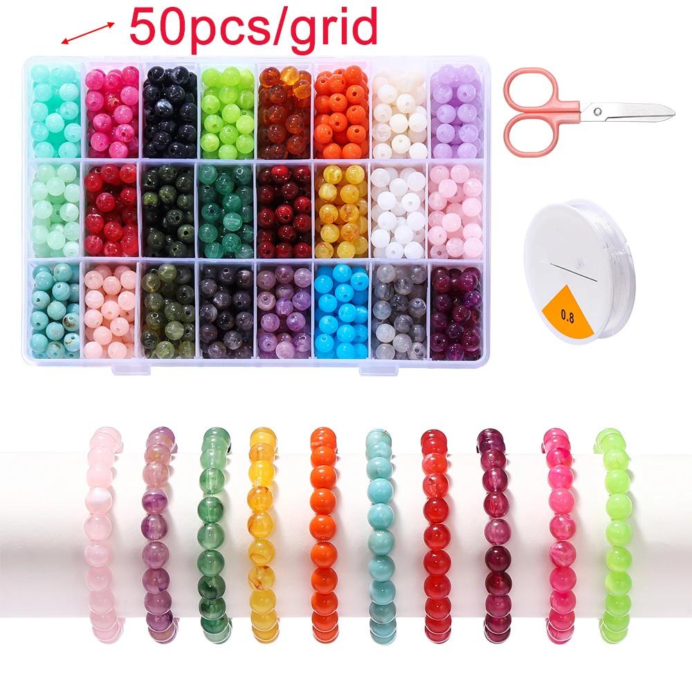 408-1200Pcs/Box Colorful Glass Beads Plastic Spacer Loose Bead Elastic Cord with Small Scissors for DIY Bracelet Jewelry Making
