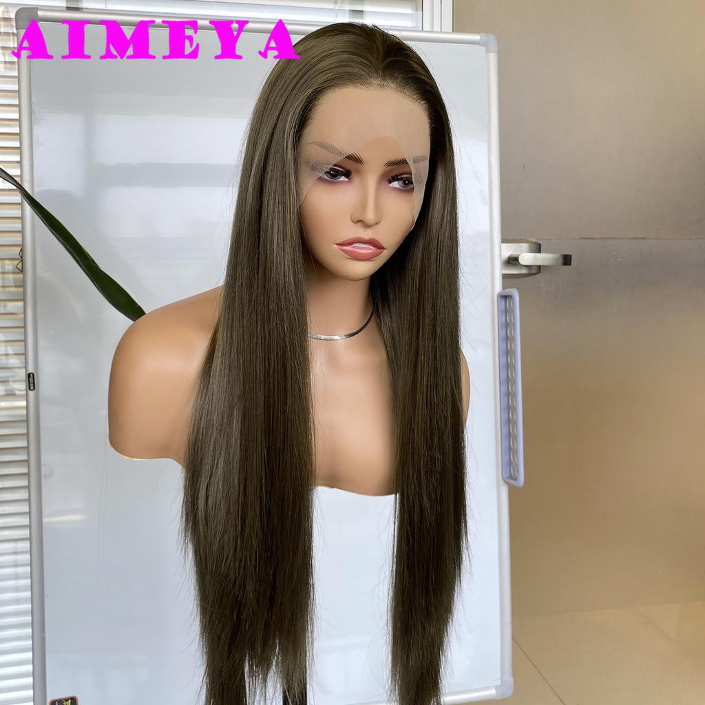 Greenish Brown Silky Straight Wig Synthetic Lace Front Wig Long Straight Natural Hairline Daily Use Cosplay Heat Resistant Fiber