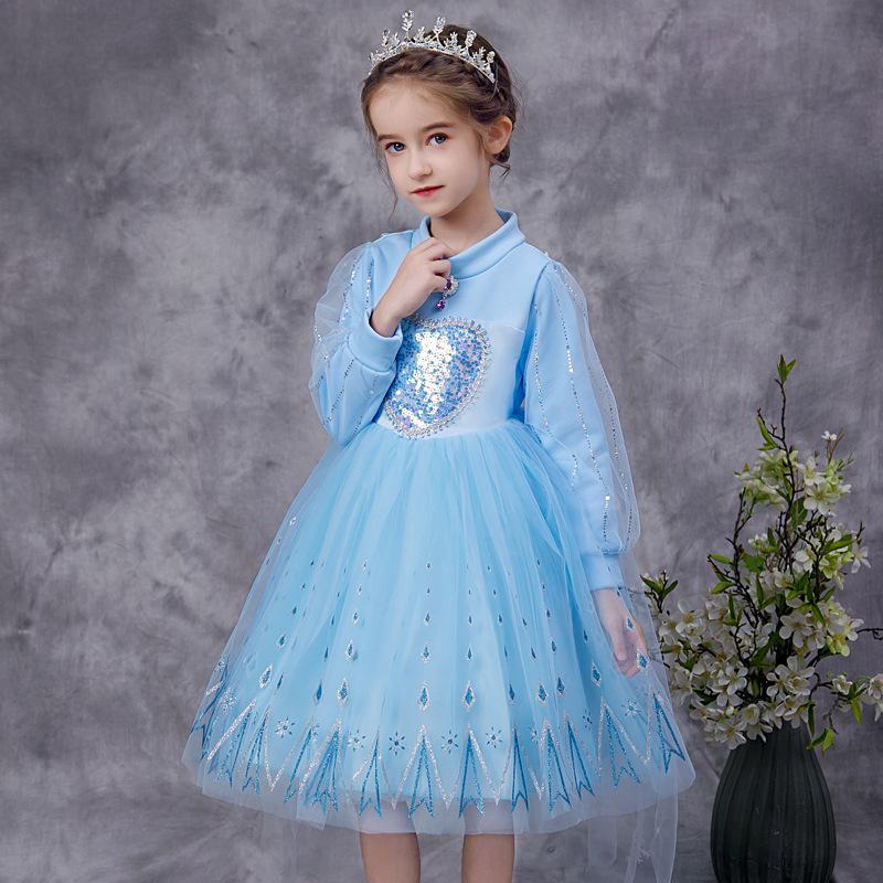 Girls' Frozen Elsa Fleece-Lined Winter Dress - Fashionable Princess Evening Dress