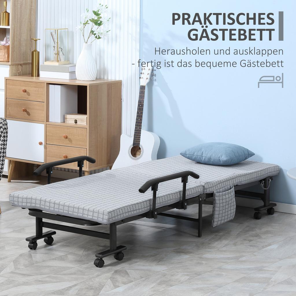 Folding Bed, Guest Bed, Reclining Backrest, Armrests, 8 Wheels, Steel Frame, Light Grey+Black, 190 X 76 X 33cm
