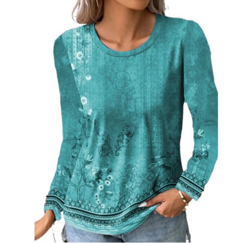 Frühlings- und Herbst-Rundhals-Oberteil mit 3D-Blumen- und Paisley-Druck, modische, lässige Damen-T-Shirts mit langen Ärmeln