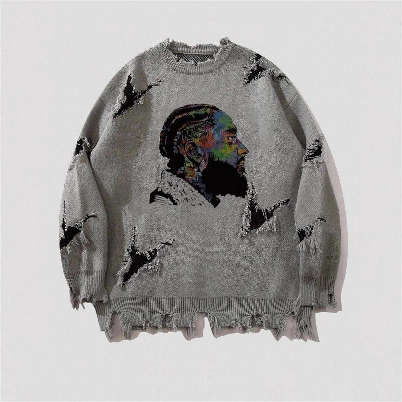 Pánský žíhaný grafický pletený svetr s kulatým výstřihem, oversized, pouliční styl, svetr přes hlavu