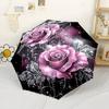 Shimmering Pink Roses With Crystal Accents Automatic Umbrella With Folding Feature Compact 8Rib Lightweight Lightweight Allseason Women'S Umbrella For