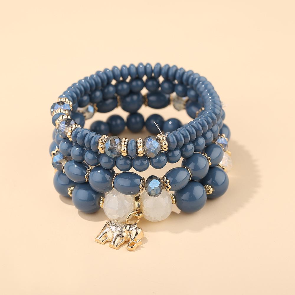 Bohemian Ethnic Style Layered Beaded Bracelet Set with Elephant Pendant and Stackable Crystal Accents