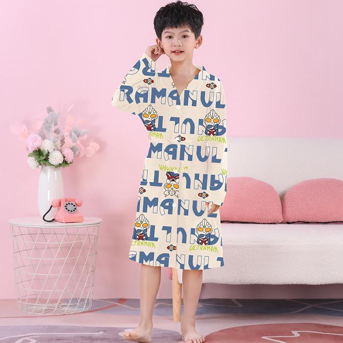 Girls' Combed Cotton Long-Sleeve Pajama Robe - Spring/Summer Bathrobe for Kids, Cute Sleepwear for Middle and Big Girls