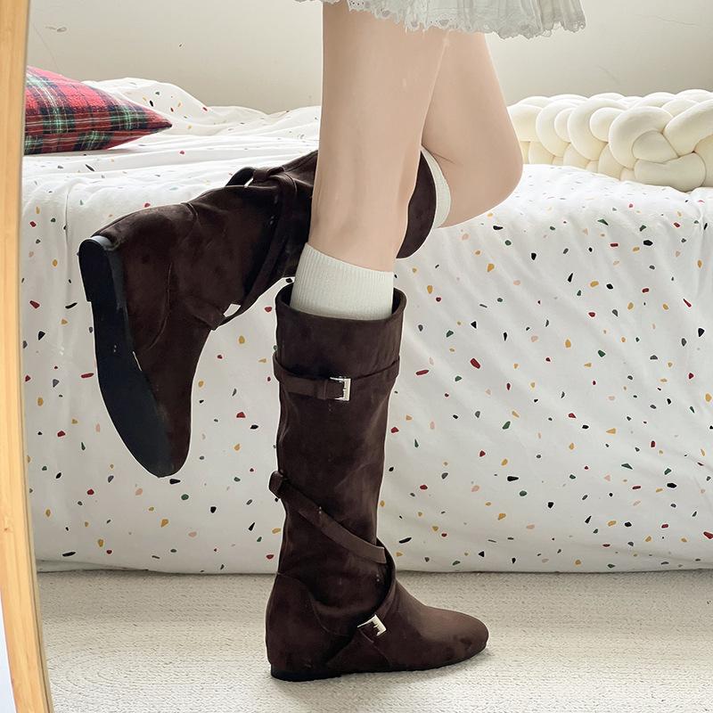 Leather Version~ Inner Height Increase 5cm Retro Western Fashion Boots Women's Knee High Boots Medium Heel Martin Boots Knight Boots