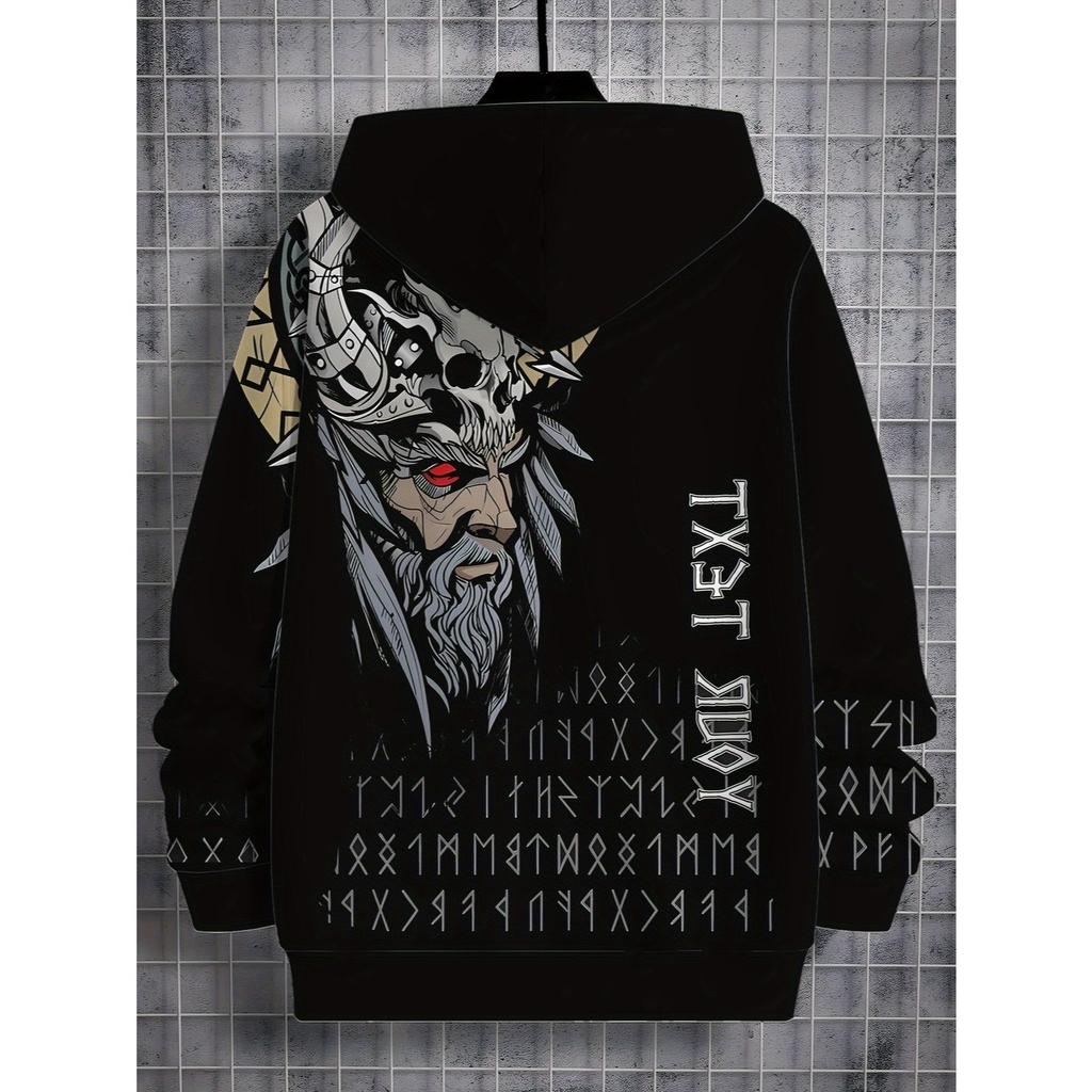Boys' 3D Printed Nordic Mythical Hoodie - Black Viking Skull and Rune Pattern, High Quality Printing
