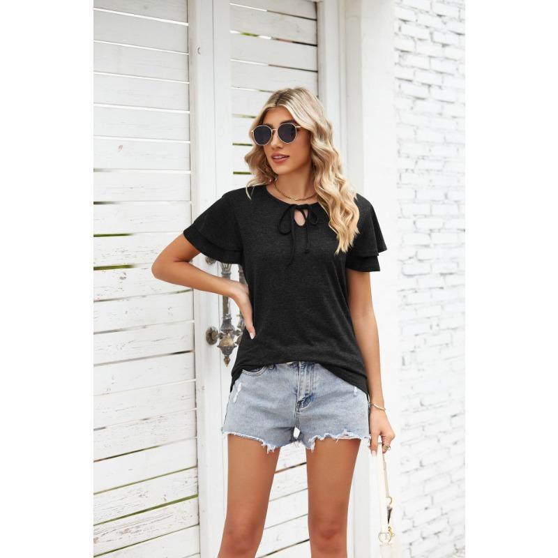 YYFS Damenmode, lässig, Sommer, Frühling, einfarbig, bedruckt, kurzärmelig, V-Ausschnitt, Blusen und Hemden