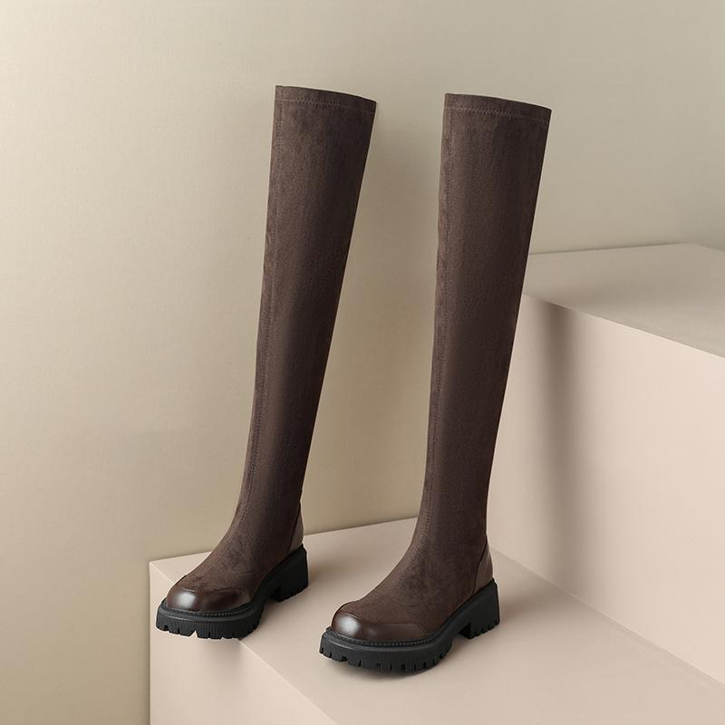Krazing Pot Flock Autumn Winter Shoes Med Heels Size 43 Stovepipe Boots Round Toe Keep Warm Zipper Over-the-knee Boots