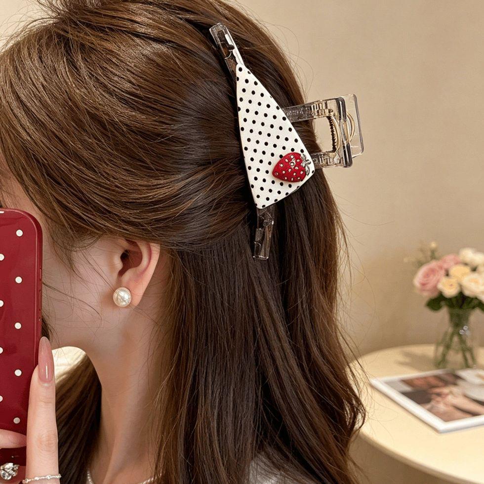 Strawberry Polka Dot Triangle Claw Clip for Thick Hair – Large, Sweet Updo Accessory