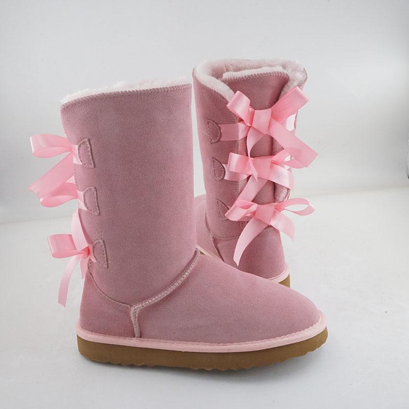 Novedad Invierno Pajarita Niña Botas Altas Cuero Genuino Mujer Botas de Nieve Botas de Felpa Gruesa Zapatos de Mujer Zapatos Cálidos
