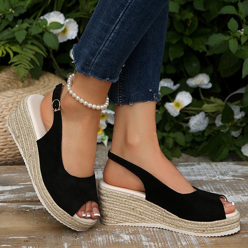 Black Suede Peep Toe Sandals Women Bohemia Metal Buckle Platform Wedge Heels Shoes Women Comfortable Light Weight Daily Sandals