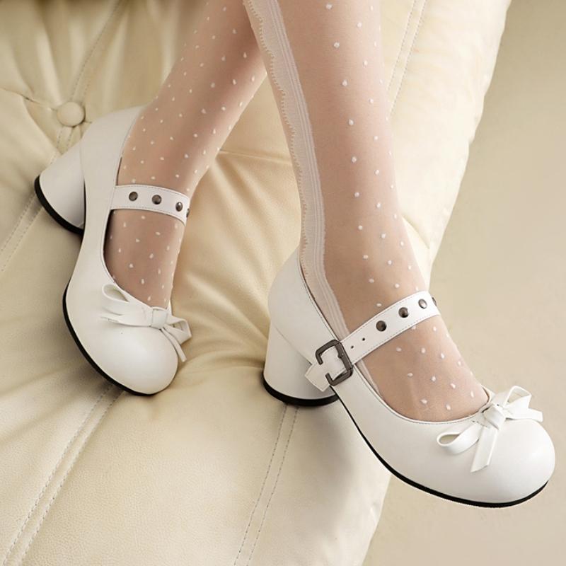 Women's Round Heels Mary Janes Shoes 2025 Fashion Black White Medium Heeled Office Dance Wedding Shoes for Girls Big Size 45 48