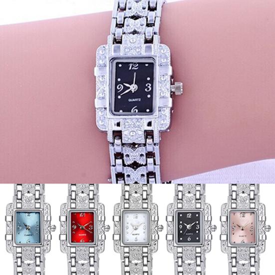 Fashion Rectangle Dial Rhinestone Alloy Band Lady Women Gift Analog Wrist Watch