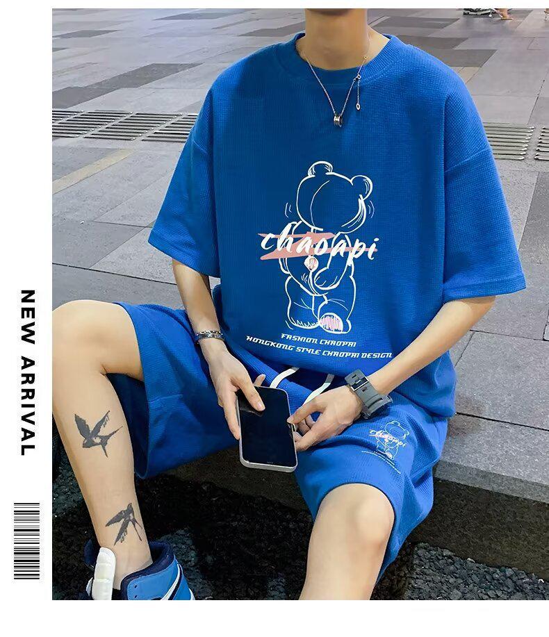 Men's Summer Waffle Knit Set: Short-Sleeve T-Shirt & Shorts 2-Piece for Teens
